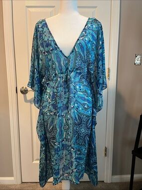 Echo Blue Multi-Print V-Neck Swim Coverup Kaftan